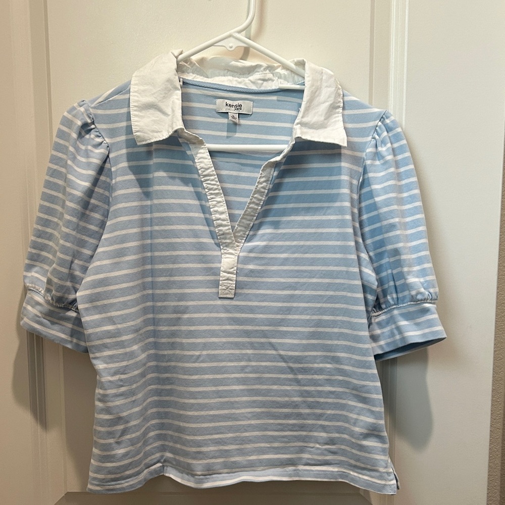Kensie Light Blue & White Striped Polo Top with Puff Sleeves(L)